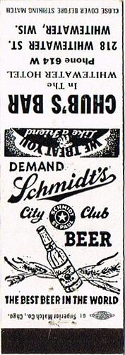 1945 Schmidt's City Club 114mm MN-JS-DS-CB Match Cover Saint Paul Minnesota