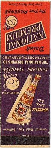 1953 National Premium Beer 113mm MD-NAT-5 Match Cover Baltimore Maryland
