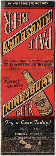 1938 Kingsbury Pale Beer 115mm WI-KINGSB-4 Match Cover Manitowoc Wisconsin