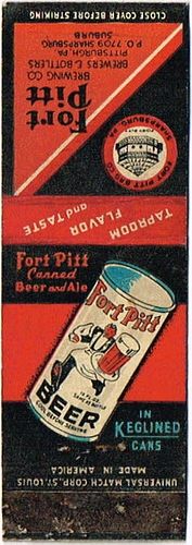 1936 Fort Pitt Beer and Ale (no sked) 110mm PA-FP-6 Match Cover Sharpsburg Pennsylvania