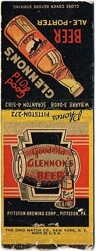 1934 Glennon's Beer/Ale/Porter 115mm PA-PITTSTON-1 Match Cover Pittston Pennsylvania