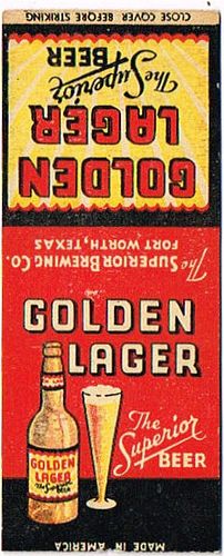 1933 Golden Lager Beer 111mm TX-SUP-1 Match Cover Fort Worth Texas
