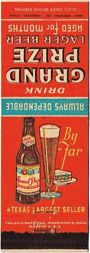1936 Grand Prize Beer 115mm TX-GULF-2 Match Cover Houston Texas