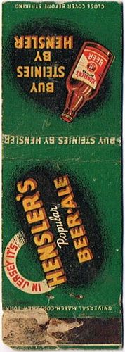 1937 Hensler's Popular Beer/Ale 110mm NJ-HEN-1 Match Cover Newark New Jersey