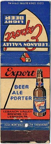 1936 Lebanon Valley Export Beer/Ale/Porter 113mm PA-LV-3 Match Cover Lebanon Pennsylvania