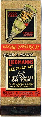 1939 Liebmann's XXX Cream Ale 113mm NY-LIEB-C-S&R Match Cover New York (Brooklyn) New York