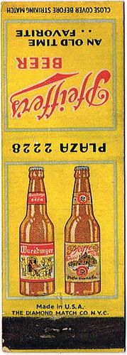1933 Pfeiffer's Beer/Wurzburger Beer 115mm MI-PFEIFFER-1 Match Cover Detroit Michigan