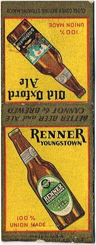 1934 Renner Lager/Old Oxford Ale 115mm OH-RENNER-3 Match Cover Youngstown Ohio