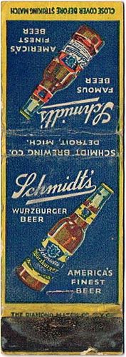 1935 Schmidt's Wϋrzburger Beer 116mm MI-SCHM-1 Match Cover Detroit Michigan