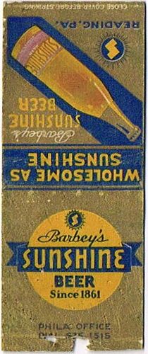 1935 Sunshine Beer 115mm PA-BARB-2 Match Cover Reading Pennsylvania