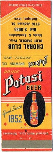 1939 Potosi Beer 113mm WI-POT-4-CHORAL Match Cover Potosi Wisconsin