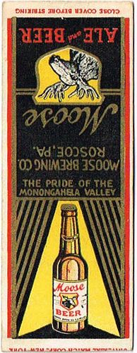 1938 Moose Ale and Beer 114mm PA-MOOSE-2 Match Cover Roscoe Pennsylvania
