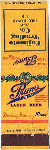 1940 Primo Pilsener Lager Beer 115mm HI-HBC-3-FTC Match Cover Honolulu Hawaii