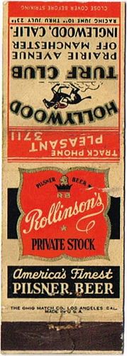 1937 Rollinson's Private Stock Beer 113mm CA-ROLLINS-1 Match Cover Los Angeles California