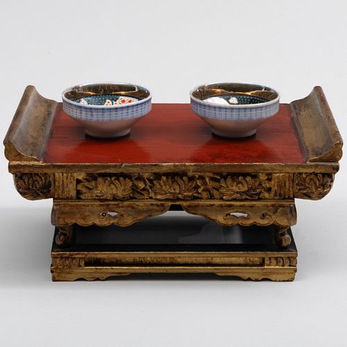 Japanese Miniature Giltwood Altar and a Pair of Porcelain Saki Bowls