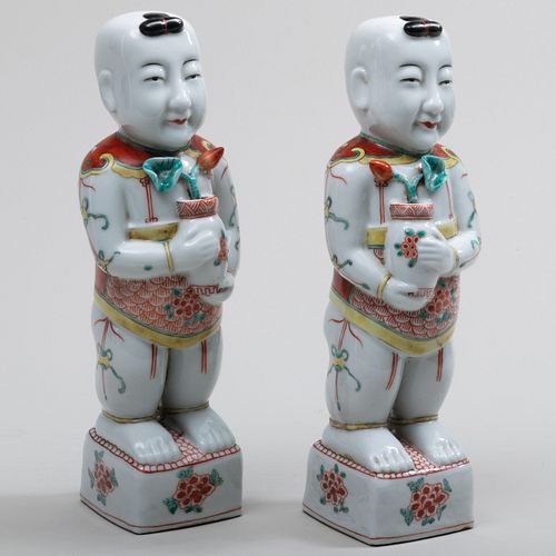 Pair of Chinese Export Famille Verte Porcelain Figures of Boys
