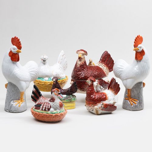Group of Five Porcelain Hen Form Boxes and Covers and a Pair of Roosters