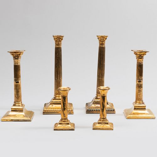 Three Pairs of English Gilt Plate Columnar Candlesticks