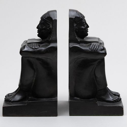Pair of Egyptian Style Patinated Metal Figural Bookends