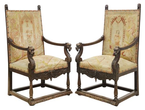 (2) RENAISSANCE REVIVAL FIGURAL CARVED HIGHBACK ARMCHAIRS