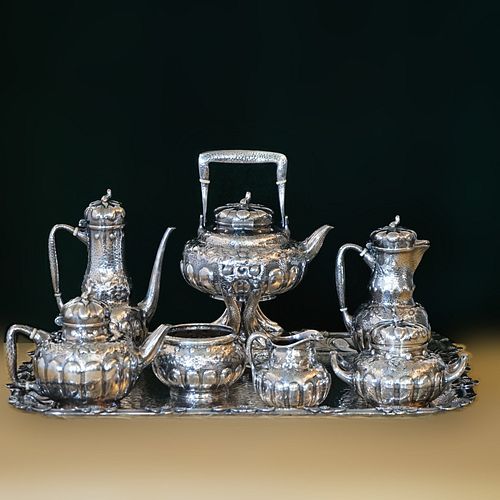388.78 oz t Tiffany & Co. Hammered Sterling 8-Pc Tea Set w/Dogwood, 19thC