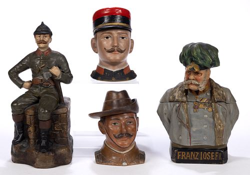 CONTINENTAL CERAMIC MILITARY FIGURAL HUMIDORS, LOT OF FOUR