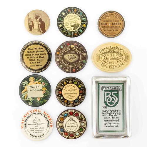 ASSORTED OPTOMETRIST ADVERTISING POCKET MIRRORS / ARTICLES, LOT OF 11