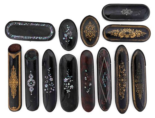 ASSORTED LACQUERED AND MOTHER-OF-PEARL INLAID SPECTACLES CASES, LOT OF 13