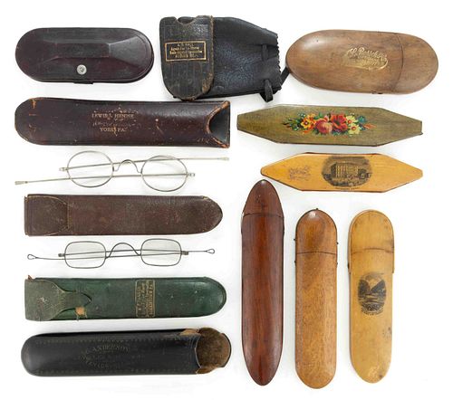 ASSORTED WOOD / LEATHER AND OPTOMETRIST ADVERTISING SPECTACLES CASES, LOT OF 13
