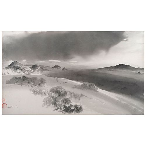 LUIS NISHIZAWA, La lluvia sobre el Valle de Morelos, Firmada y con gago in, Tinta saiboku sobre papel, 44.5 x 75 cm