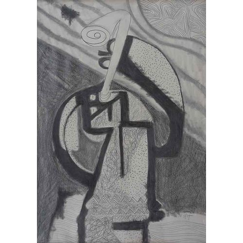 RODOLFO NIETO, Saxofón, Firmado, Lápiz de grafito y carboncillo sobre papel, 100 x 69 cm