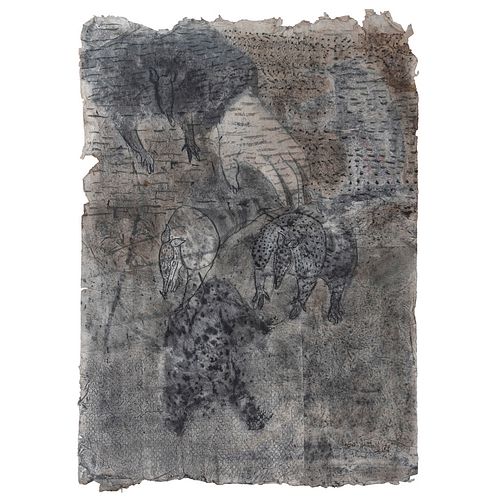 SERGIO HERNÁNDEZ, Sin título, Firmada y fechada 77, Mixta sobre papel arroz, 56 x 39 cm