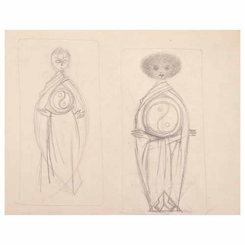REMEDIOS VARO, Dos personajes Yin Yang, ca. 1955, Sin firma, Lápiz de grafito sobre papel, 13 x 16.25 cm