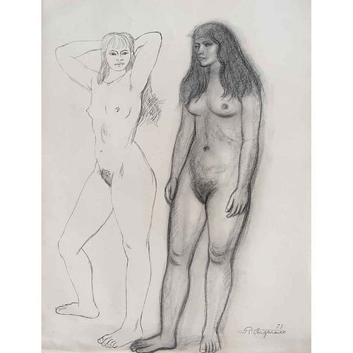 RAÚL ANGUIANO, Dos mujeres desnudas paradas, Firmada y fechada 73, Tinta y carboncillo sobre papel, 63 x 49 cm, Con certificado