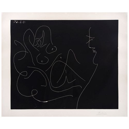 PABLO PICASSO, Peintre et modéle au fauteuil à bascule, 1965, Firmado, Grabado al linóleo 24 / 50, 62 x 73 cm medidas del papel