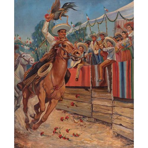 XAVIER GÓMEZ, Aquí está mi gallo, ca. 1930, Firmado, Óleo sobre tela, 145 x 116 cm