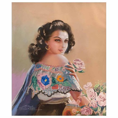 EDUARDO CATAÑO, Mujer con rosas, Firmado, Pastel sobre papel, 120 x 103 cm