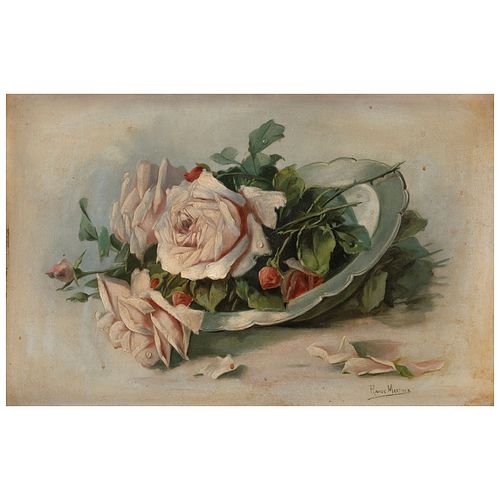 ALFREDO RAMOS MARTÍNEZ, Rosas rosas, Firmado, Óleo sobre madera, 30 x 46 cm
