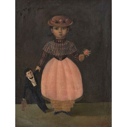HORACIO RENTERÍA, Retrato de la Niña Ma. Gpe. Rodríguez Suárez, Firmado, Óleo sobre tela, 60 x 46 cm