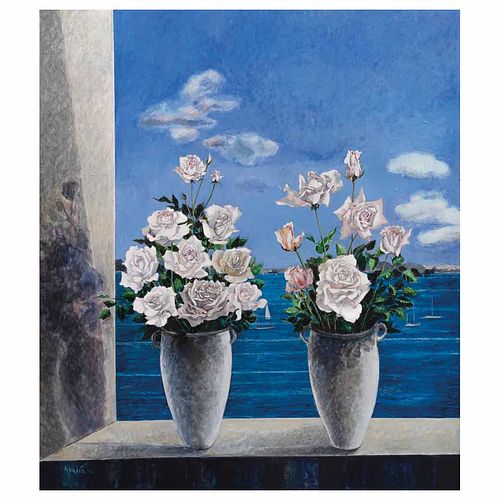 VICENTE GANDÍA, Rosas en el mar, Firmado, Acrílico sobre tela, 140 x 130 cm, Con certificado y documento