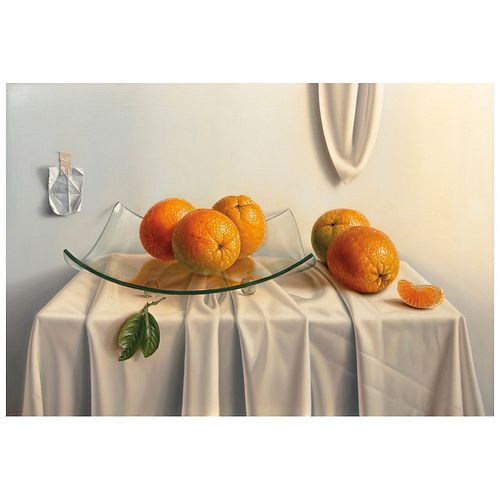 MARCO ANTONIO PALOMEQUE, Naranjas y transparencias, Firmado, Óleo sobre tela, 90 x 130.5 cm, Con certificado