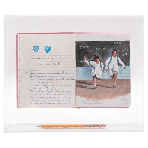 CLAUDIO GALLINA, Corre-2, Firmado dos veces, Cuaderno escolar rescatado e intervenido, 40 x 16 cm, Con certificado