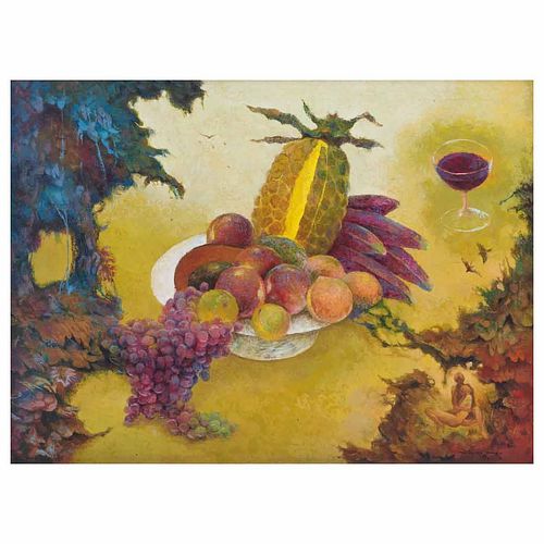 GUILLERMO MEZA, Frutos del jardín del Edén, Firmado, con monograma y fechado 1981, Óleo sobre tela, 80 x 110 cm