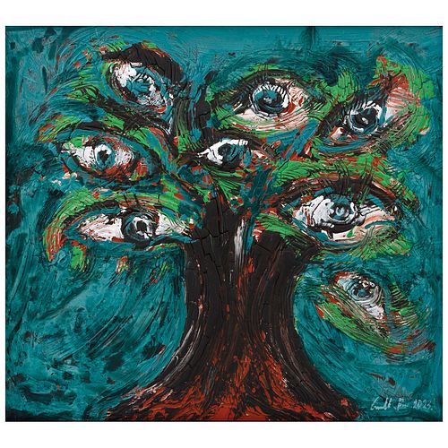EMILIANO GIRONELLA PARRA, Árbol de ojos, Firmado y fechado 2023, Óleo y pasta sobre madera, 133.5 x 148.5 cm, Con constancia