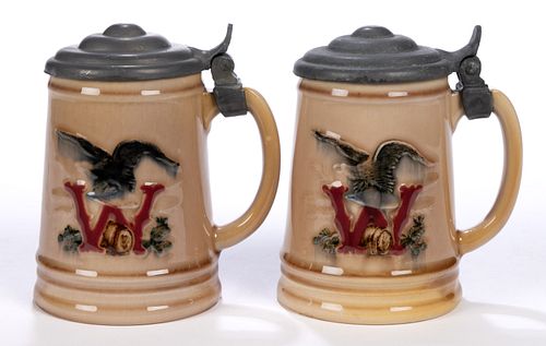 AMERICAN ROOKWOOD POTTERY WIEDEMANN BREWERY ADVERTISING CERAMIC STEINS, LOT OF TWO