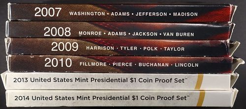 2007-2010, 2013-2014 US PRES $1 COIN PROOF SETS