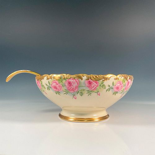 2pc T & V Limoges Porcelain Pink Roses Punch Bowl and Ladle