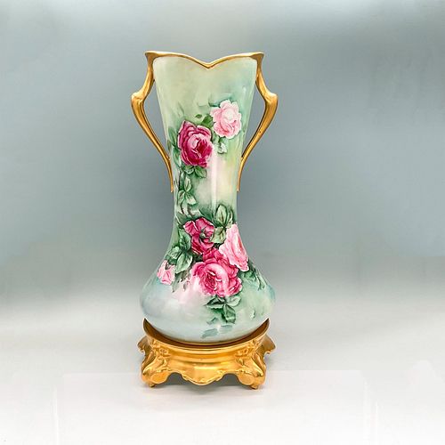 W.G. & Co. Limoges Porcelain Vase With Handles, Roses + Base