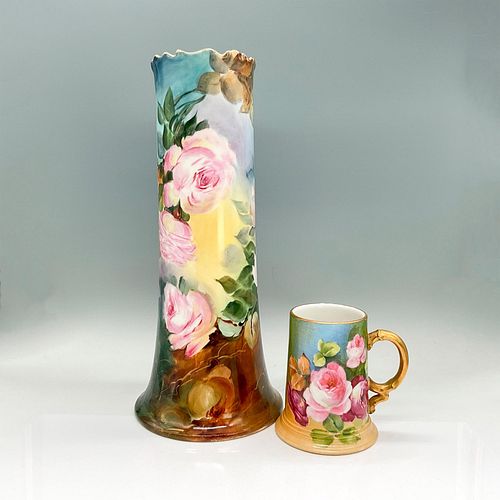 2pc W G & Co Limoges Porcelain Vase + Mug, Pink Roses