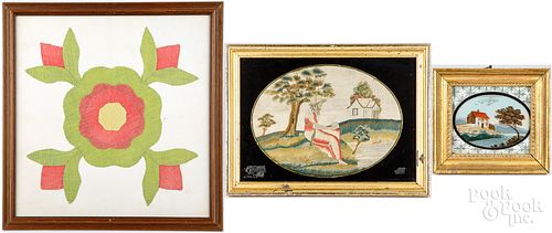 Three framed works including a quilt square, etc.
